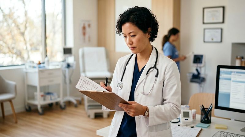 Arzt bespricht Blutdruckwerte mit Patient