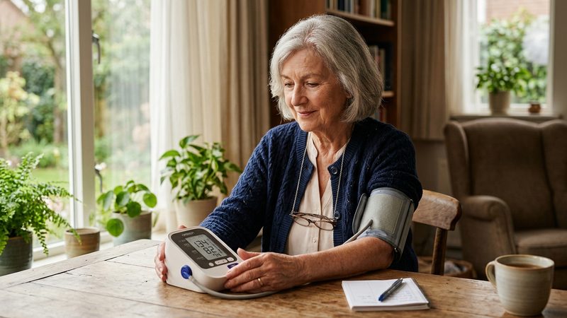 Frau misst Blutdruck zuhause am Arm